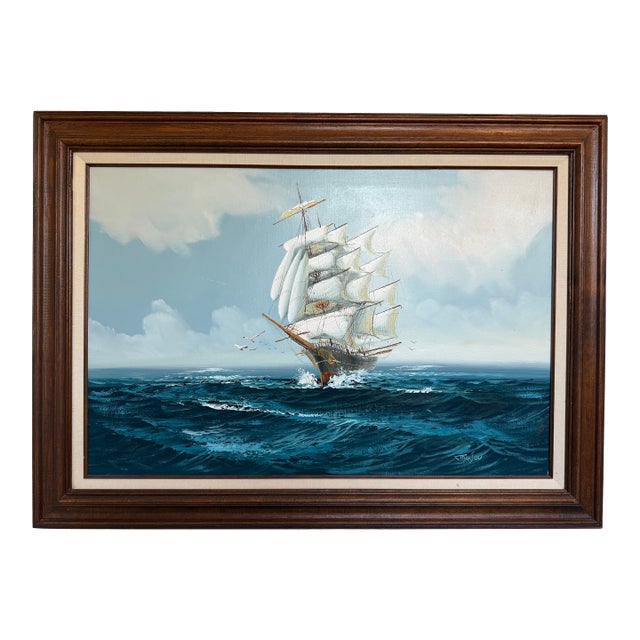 Listed Artist Hewett Jackson Original Oil Painting Tall Ship Seascape Framed For Sale