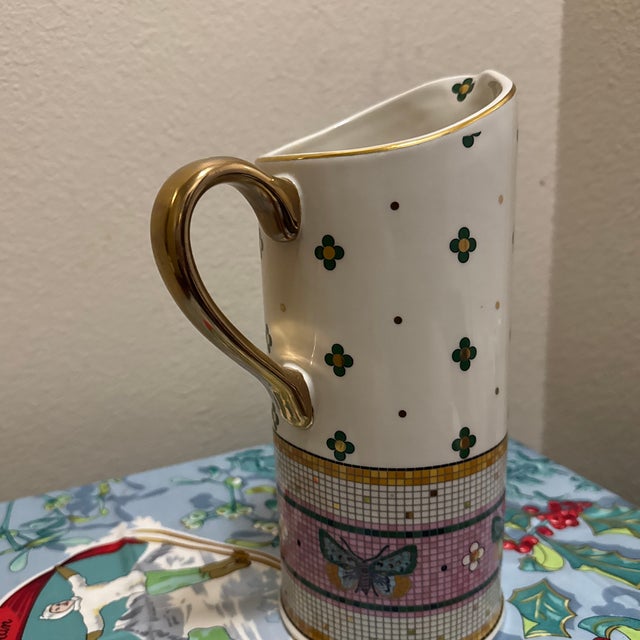 Anthropologie Bistro Garden Tile Stoneware Pitcher With 24k Gold Accents For Sale - Image 4 of 8