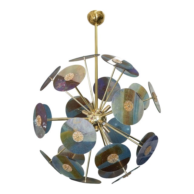 Sputnik Style Chandelier Featuring Multicolor Acid Etched Glass Disks For Sale