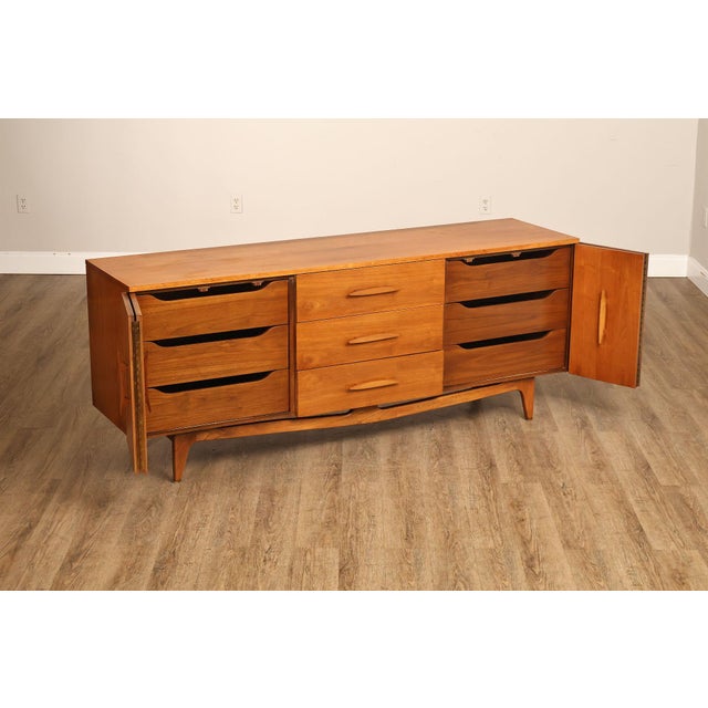 Wood Mid Century Modern Sculpted Walnut Long Dresser For Sale - Image 7 of 18