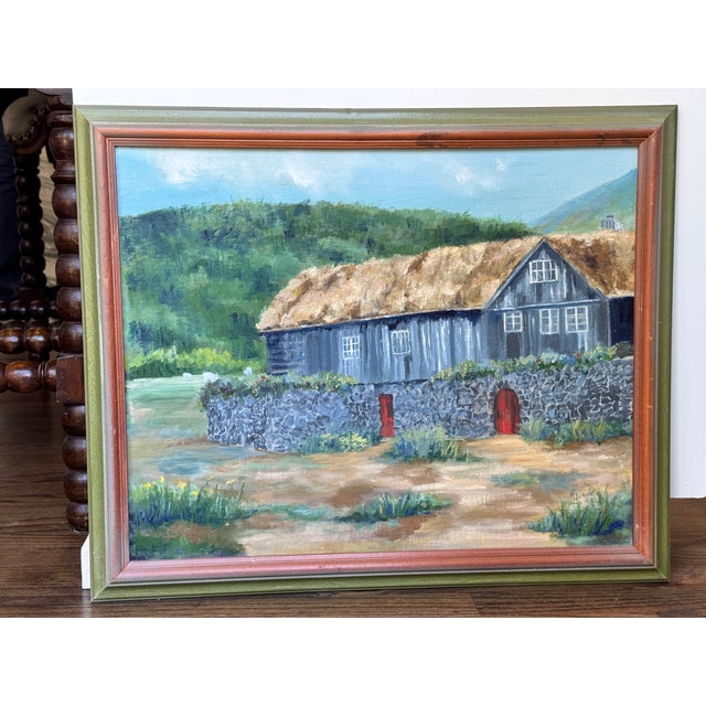 1960’s Pastoral / Architectural Folk Art Oil Painting on Faroe Islands For Sale - Image 12 of 14