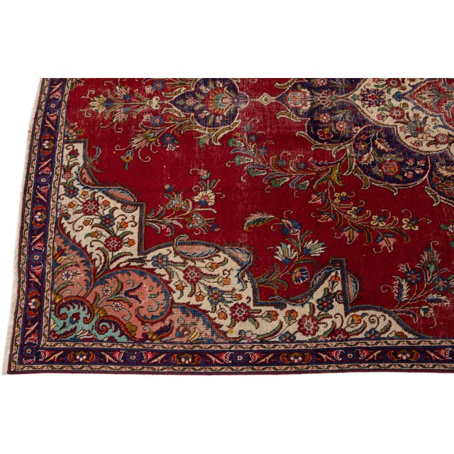 1960s Vintage Persian Tabriz Handmade Medallion Red Wool Rug For Sale - Image 4 of 7