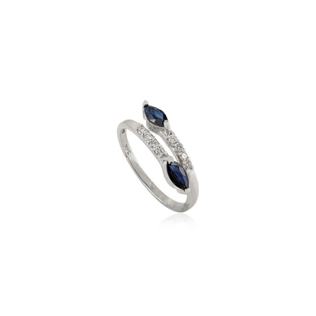 Modern Modern Marquise Blue Sapphire and Diamond Bypass Ring Size 6 in 14k White Gold For Sale - Image 3 of 14