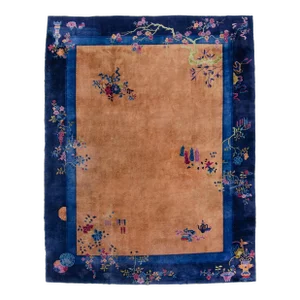 1920s Antique Copper Navy 9' X 11'7" Art Deco Chinese Hand Knotted Low Pile Chinese Rug - 9' X 11'7"