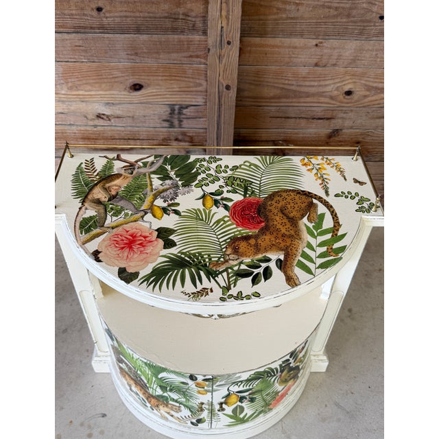 Hollywood Regency Vintage Hollywood Regency Tropical Decoupage Demi Lune Cabinet For Sale - Image 3 of 12