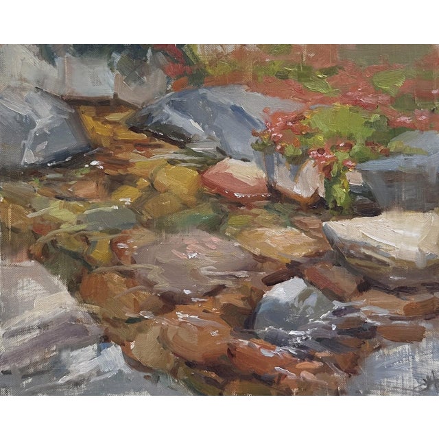 Contemporary Stream Bed by Judd Mercer | Oil on Panel Depiction of a rocky stream with colorful pebbles. For Sale - Image 3 of 3
