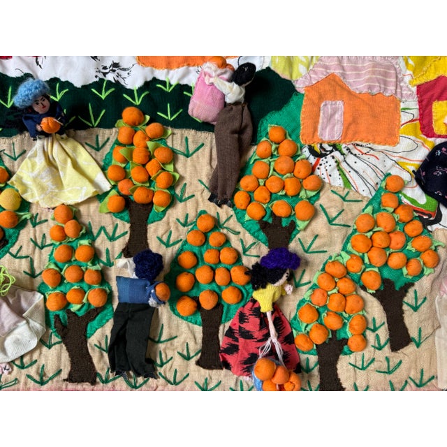 Orange Vintage " Orange Harvest - Landscape " Peruvian Folk Art Hand Embroidery Wall Tapestry For Sale - Image 8 of 12