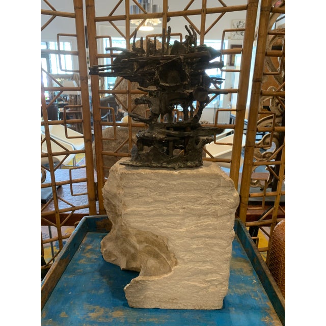 Abstract Bronze Brutalist Sculpture on Stone Base, Mid 20th Century, from Miami Estate.