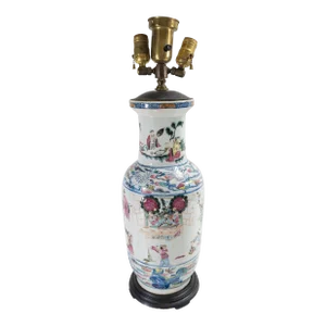 19th Century Chinese Famille Rose Doucai Style Rouleau Table Lamp