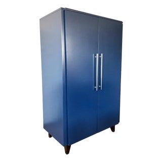 Green Bay Modern Blue Lacquer Armoire With Tapered Wood Legs and Metal Pulls For Sale