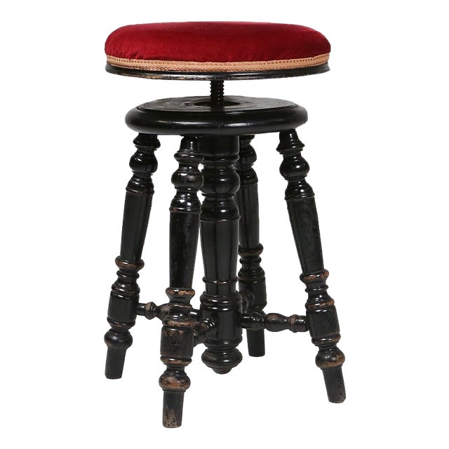 Art Deco Piano Stool in Black Lacquered Wood with Red Velvet, 1920s For Sale