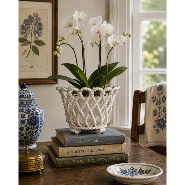 An elegant trompe l'oeil porcelain cachepot crafted in the form of a handwoven rope basket. Executed in glossy white...