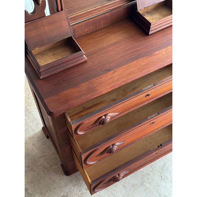 Antique Walnut Dresser With Arched Mirror and Carved Crest For Sale - Image 12 of 18