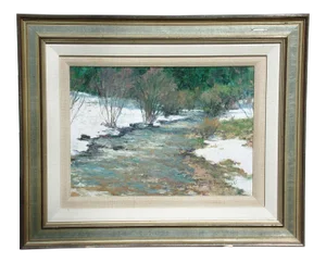 1991 "River Through Snow" Impressionist Style Oil Painting by Nikolo Balkanski, Framed