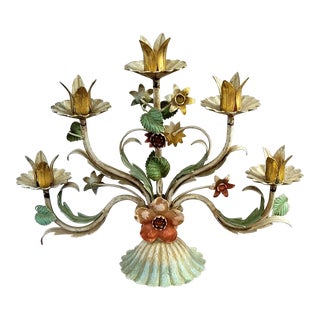 Vintage Italian Tole Painted Candelabra Floral Centerpiece For Sale