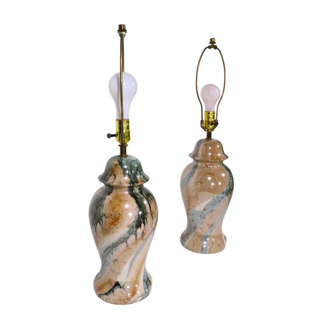 Ceramic Mid 20th Century Hollywood Regency Faux Marble Ginger Jar Form Table Lamps - a Pair For Sale - Image 7 of 12