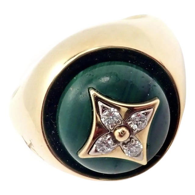 Louis Vuitton Yellow Gold Diamond Malachite Blossom Signet Ring, Size 8.25 For Sale
