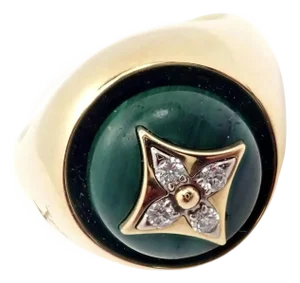 Louis Vuitton Yellow Gold Diamond Malachite Blossom Signet Ring, Size 8.25