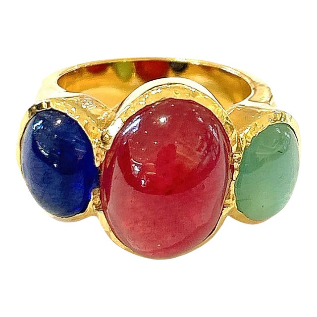 Bochic “Orient” Ruby, Emerald & Sapphire Vintage 3 Gem Ring Set in 18k & Silver Size 9.5 For Sale