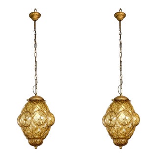 Set of 2 Amazing Amber Vintage Venetian Lantern, Seguso Murano Glass, Italy, 1960s For Sale