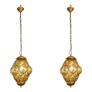 Set of 2 Amazing Amber Vintage Venetian Lantern, Seguso Murano Glass, Italy, 1960s