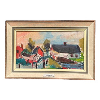 Louis Zelig, Boats in Fishing Village, 1950s, Oil on Panel, Framed For Sale