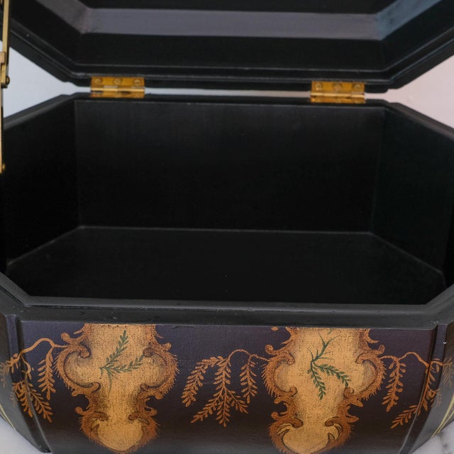 Mid 20th Century Mid 20th Century Maitland Smith Hand Painted Fabric Black Floral Design Wood Interior Hinged Box For Sale - Image 5 of 6
