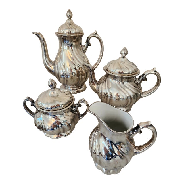 Art Deco German Silver Enamel Tea & Coffee Service, Attributed to Wmf, Circa 1930s For Sale