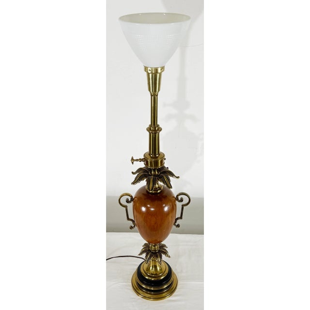 Mid-Century Modern Vintage Stiffel Wood Orb Table Lamp With Milk Glass Shade For Sale - Image 3 of 8
