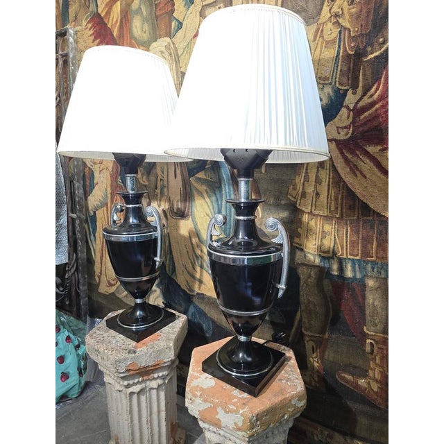 Metal 20th Century Art Deco Black Painted Metal Lamps with Chrome Handle, 1920, Set of 2 For Sale - Image 7 of 12