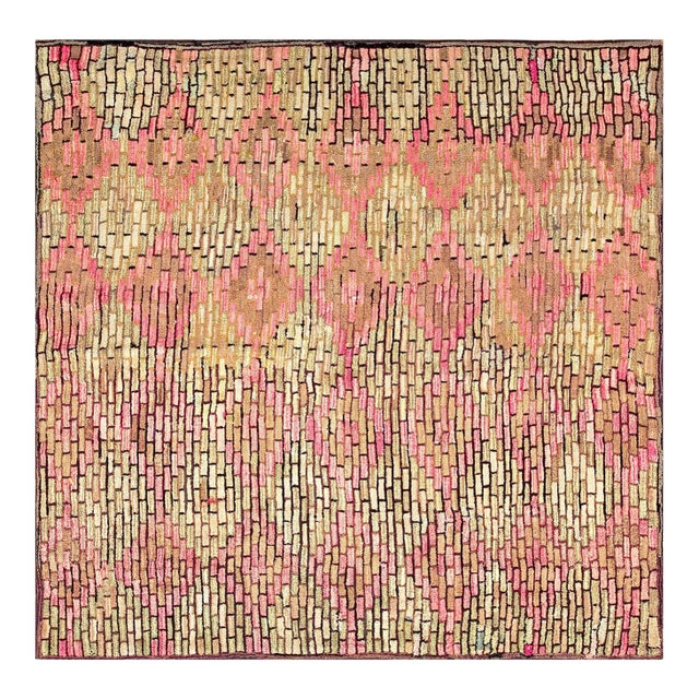 1900s Multicolor Stripe Antique American Hooked Rugs 6' 5'' X 6' 6'' Handknotted Wool Carpet For Sale