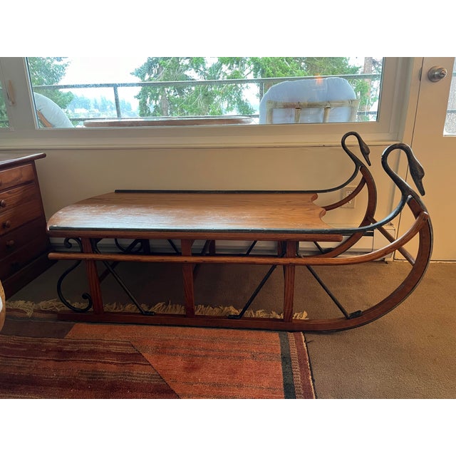 1990s Vintage Tell City Chair Co. Sleigh Sled Cast Iron Swan Heads Oak
