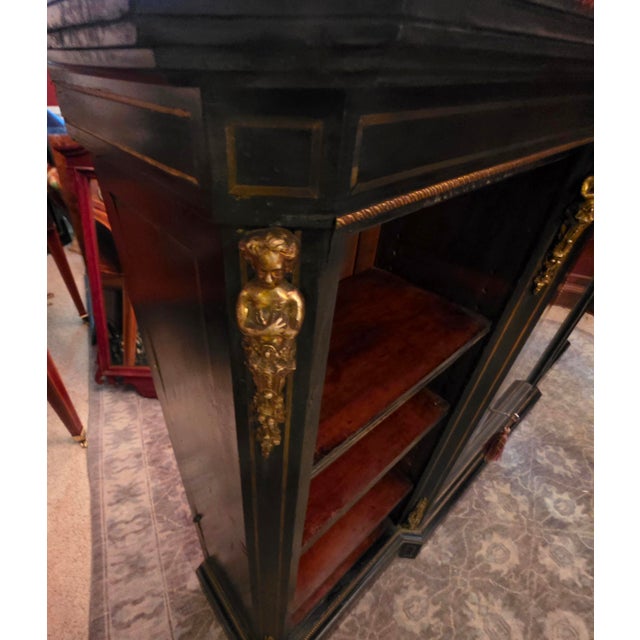Rare Victorian Ebonized Display Side Cabinet With Clear Glass Door, Gilt Caryatids & Edwards & Roberts Provenance, London, Circa 1870 For Sale - Image 10 of 14