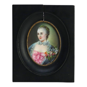 Late 19th Century Miniature Antique French Portrait Painting on Celluloid of Woman, Framed, C1880