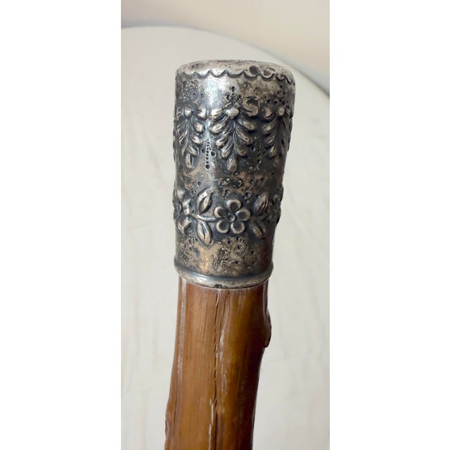 Brown Antique 19th Century Tooled Sterling Silver Natural Wood Walking Stick Cane For Sale - Image 8 of 14