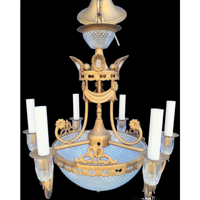 Hollywood Regency Vintage Hollywood Regency Brass Italian Diamond Cut Glass Elegant Swag 6 Light Chandelier For Sale - Image 3 of 13