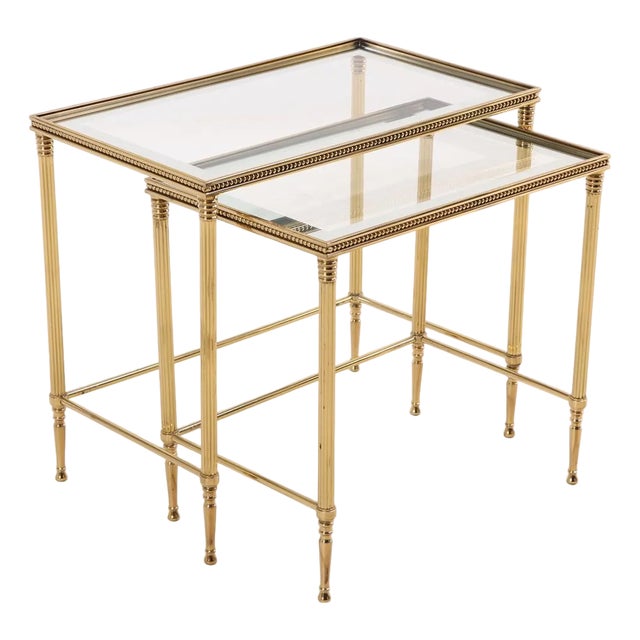 Early 20th Century Pair Italian Brass Nesting Tables, Hollywood Regency Style For Sale