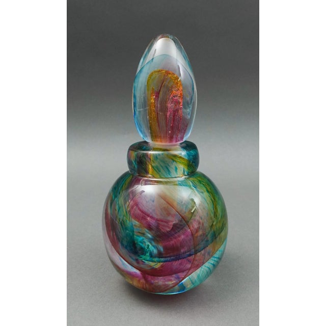 Andrew Shea Signed Hand Blown Art Glass Swirl Perfume Bottle With Dauber. Measures approximately 3 5/8" diameter, 7" high.