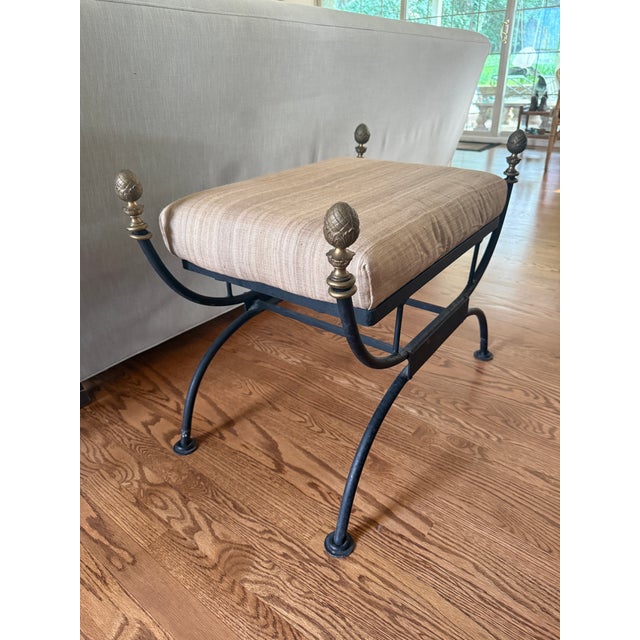 Maison Jansen Mid 20th Century Wrought Iron Curule Bench Brass Artichoke For Sale - Image 4 of 6