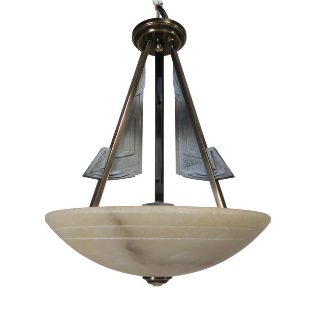 Art Deco Style Pendant Lamp with Alabaster Bowl, 1980s For Sale