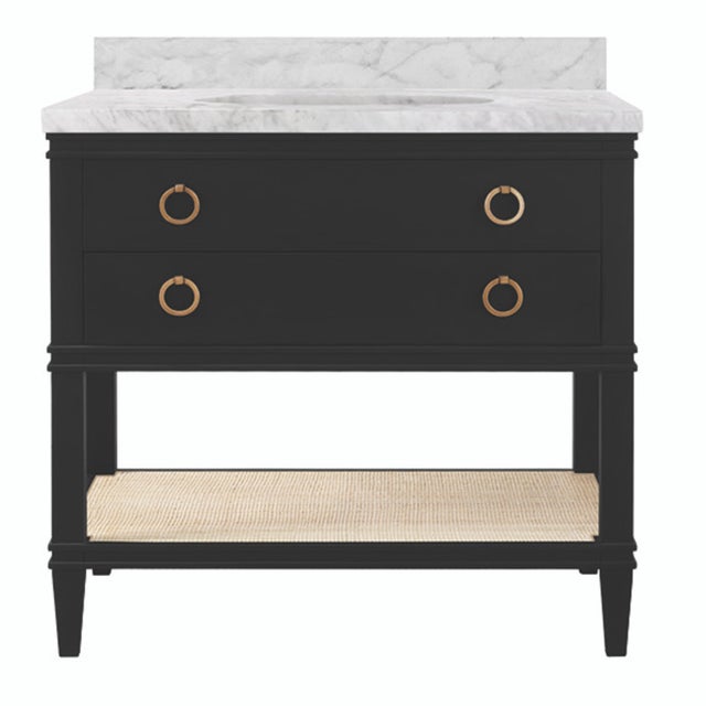 Matthew Izzo Home Cutler 36.5" Matte Black Lacquer, 2 Drawer Single Porcelain Sink Bath Vanity W/Carrara Marble Top, Brass Pulls, and Caned Open Shelf For Sale - Image 11 of 11