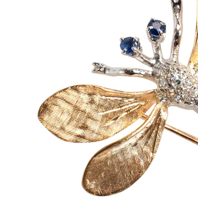Vintage 14k Yellow and White Gold Sapphire and Diamond Dragonfly Brooch For Sale - Image 4 of 8