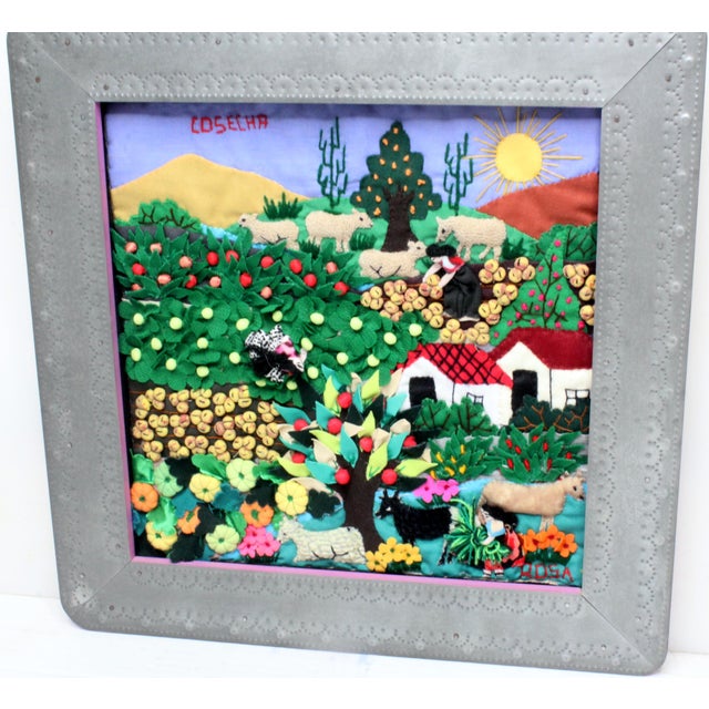 1990s Vintage Framed Peruvian Arpillera Textile Folk Art – "Cosecha" Harvest Season For Sale - Image 5 of 8