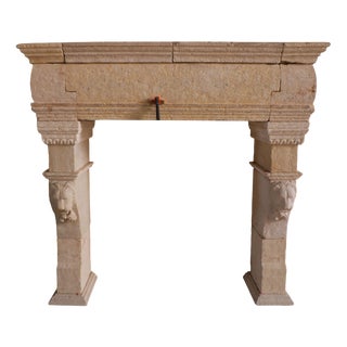 20th Century French Limestone Fireplace with Carved Lion Masks For Sale