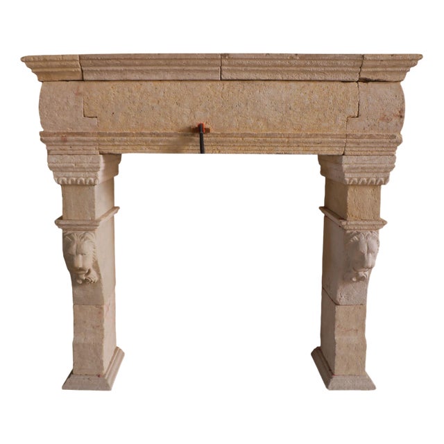 20th Century French Limestone Fireplace with Carved Lion Masks For Sale