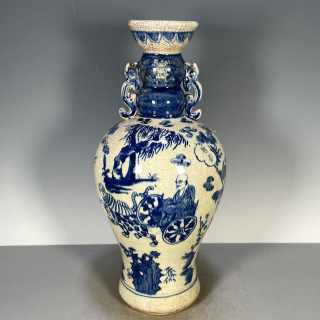 White Chinese Blue & White Crackle Glaze Porcelain Vase With Figural Scene For Sale - Image 8 of 9