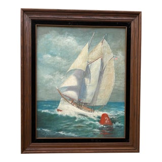 Vintage Mid-Century Oil Painting of a Schooner-Rigged Yacht, Framed and Signed For Sale