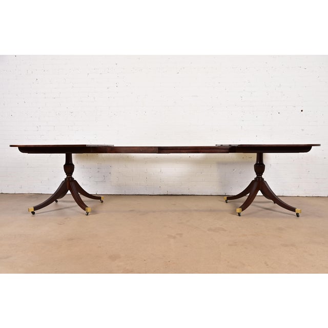 Baker Furniture Style English Georgian Banded Mahogany Double Pedestal Extension Dining Table, Newly Refinished For Sale In South Bend - Image 6 of 12