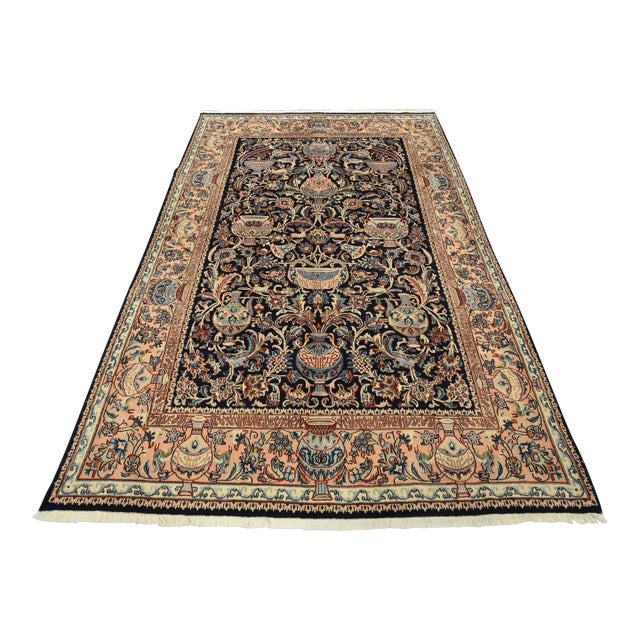 Fine Kashmar Rug 6’4” X 9’5” Blue Wool Vintage Hand-Knotted Oriental Carpet For Sale