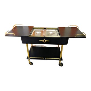Hollywood Regency Black Gold Dorothy Draper Style Food Chafing Dish Warmer Buffet Rolling Cart For Sale